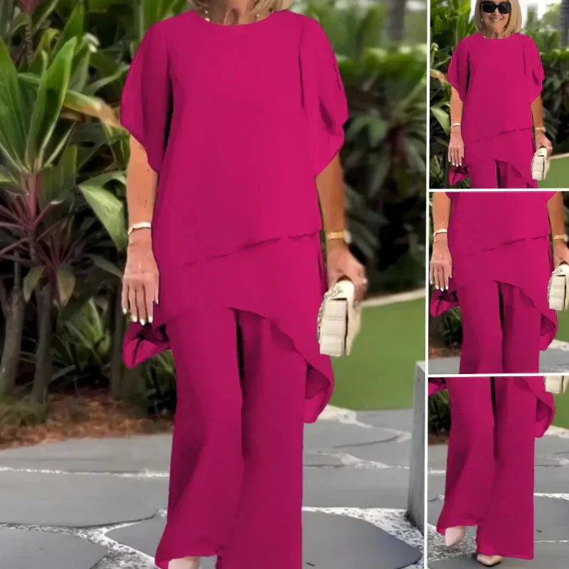 🌞Frühlingserwachen: 50% Rabatt!👗 Damen-Chiffon-Zweiteiler – Asymmetrisches Doppellagiges Top & Weite Hose – Atmungsaktiv & Elegant für Frühling & Urlaub