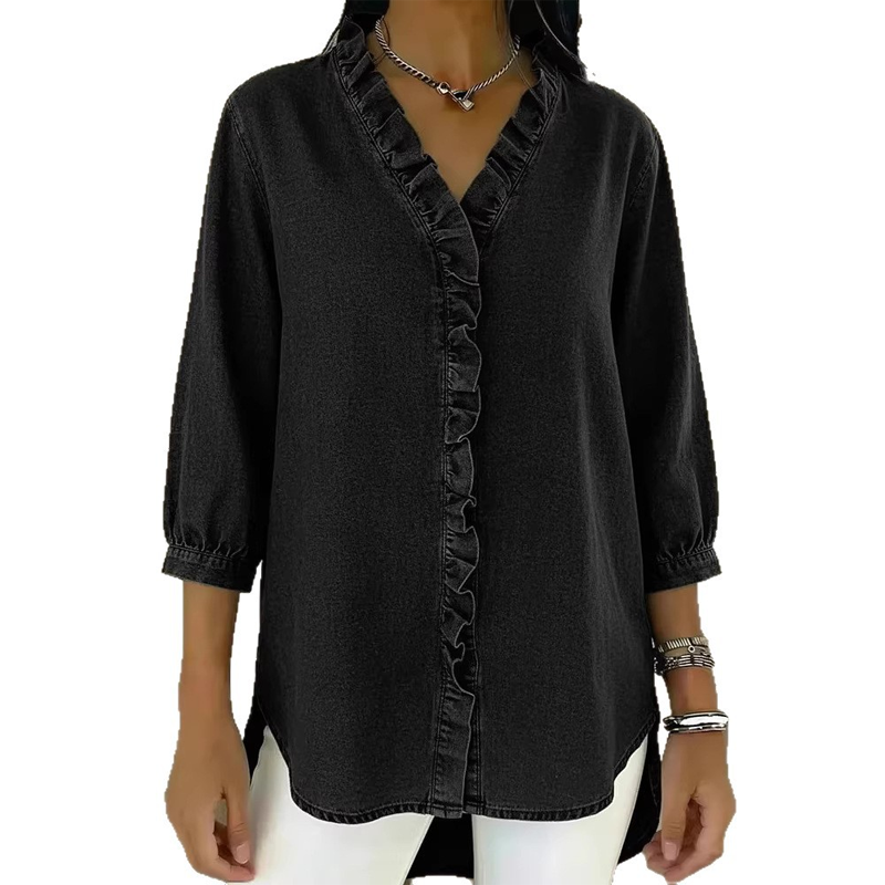 🌞Frühlingserwachen: 50% Rabatt!👕 Damen Freizeitbluse mit Rüschen-V-Ausschnitt & High-Low-Saum: Weich, atmungsaktiv & vielseitig für jeden Anlass