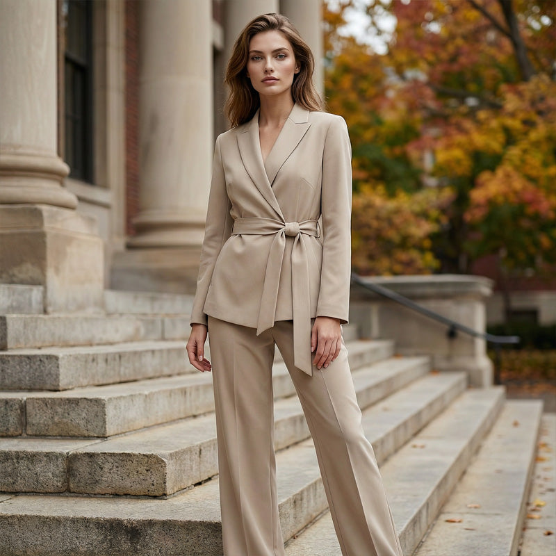 🌞Frühlingserwachen: 50% Rabatt!👔 Damen Eleganter Hosenanzug: Blazer mit Bindegürtel + Weitbeinhose – Bequem, stylisch & vielseitig für Büro & Events