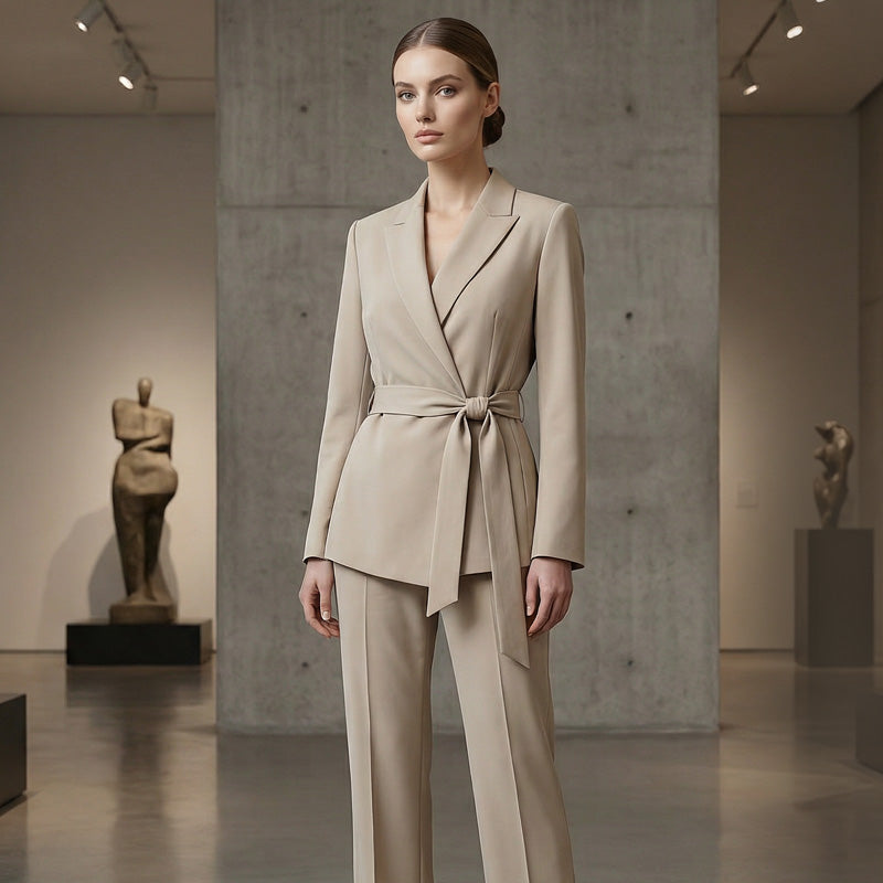 🌞Frühlingserwachen: 50% Rabatt!👔 Damen Eleganter Hosenanzug: Blazer mit Bindegürtel + Weitbeinhose – Bequem, stylisch & vielseitig für Büro & Events