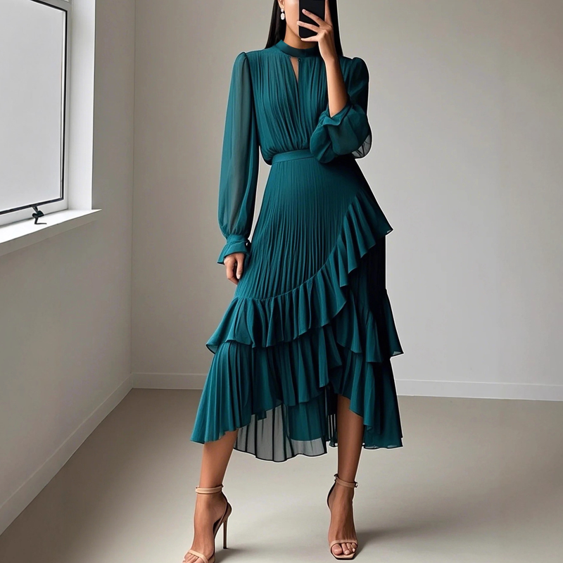 🌞Frühlingserwachen: 50% Rabatt!✨ Damen Plissee-Midikleid mit Volants & Schlüsselloch-Ausschnitt: Transparente Ärmel + taillierte Passform – Elegant für Gala & Abendveranstaltungen