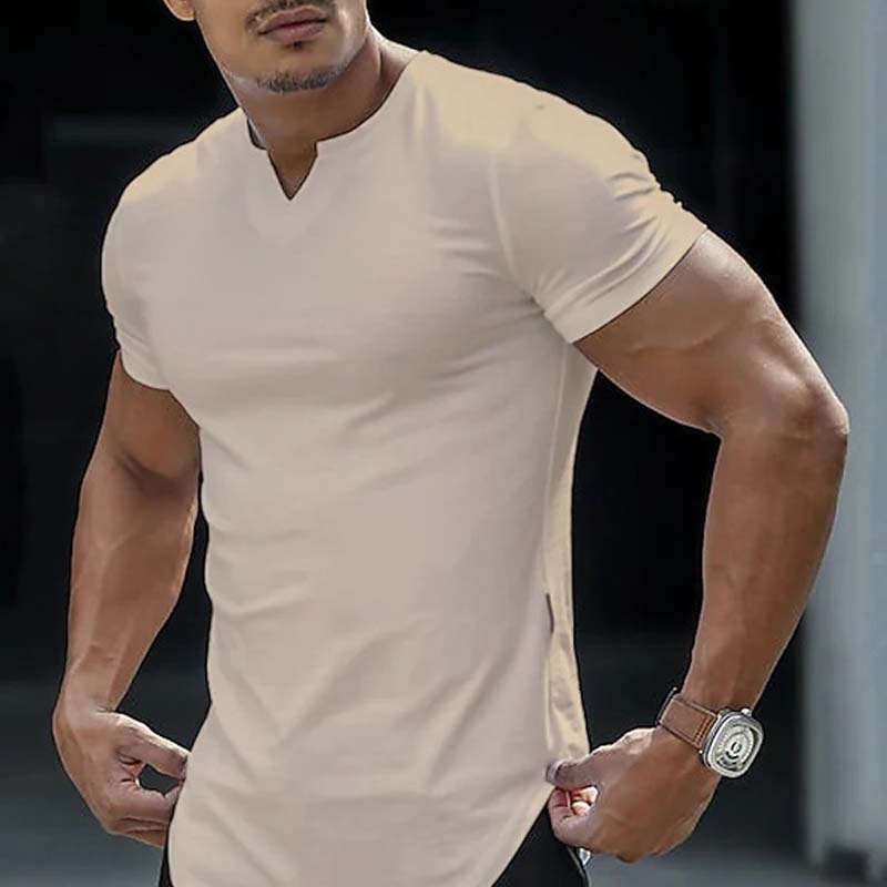 🌞Frühlingserwachen: 50% Rabatt!✨ Herren Lässiges Einfarbiges Athletic T-Shirt – Gekerbter V-Ausschnitt, Slim Fit & Stretch-Stoff für Kraftvolle Silhouette