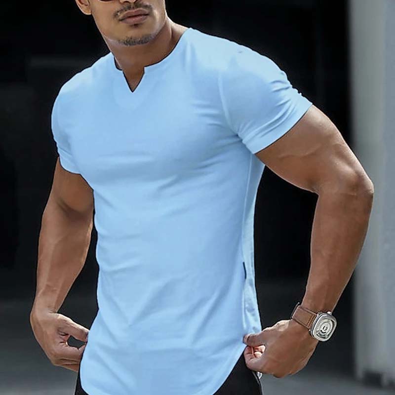 🌞Frühlingserwachen: 50% Rabatt!✨ Herren Lässiges Einfarbiges Athletic T-Shirt – Gekerbter V-Ausschnitt, Slim Fit & Stretch-Stoff für Kraftvolle Silhouette