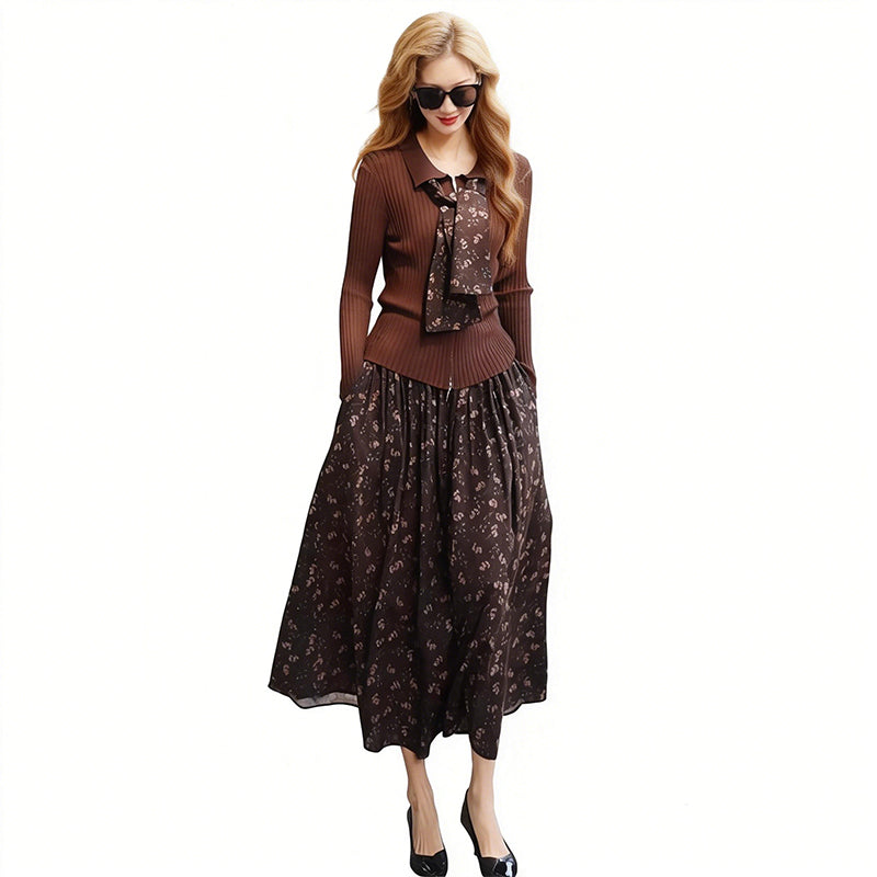 🌞Frühlingserwachen: 50% Rabatt!👗 Damen 2-Teilig Set – Rippstrickoberteil & Florales Maxiroch mit Krawatte