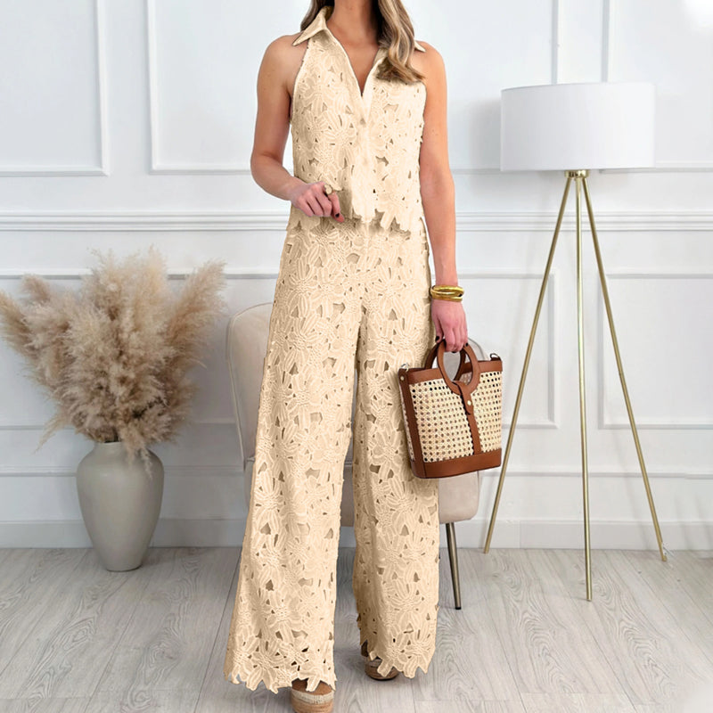 🌞Frühlingserwachen: 50% Rabatt!✨Damen Elegantes Spitzen-Zweiteiler – Halterneck-Oberteil & Weite Hose, Atmungsaktiv & Vielseitig