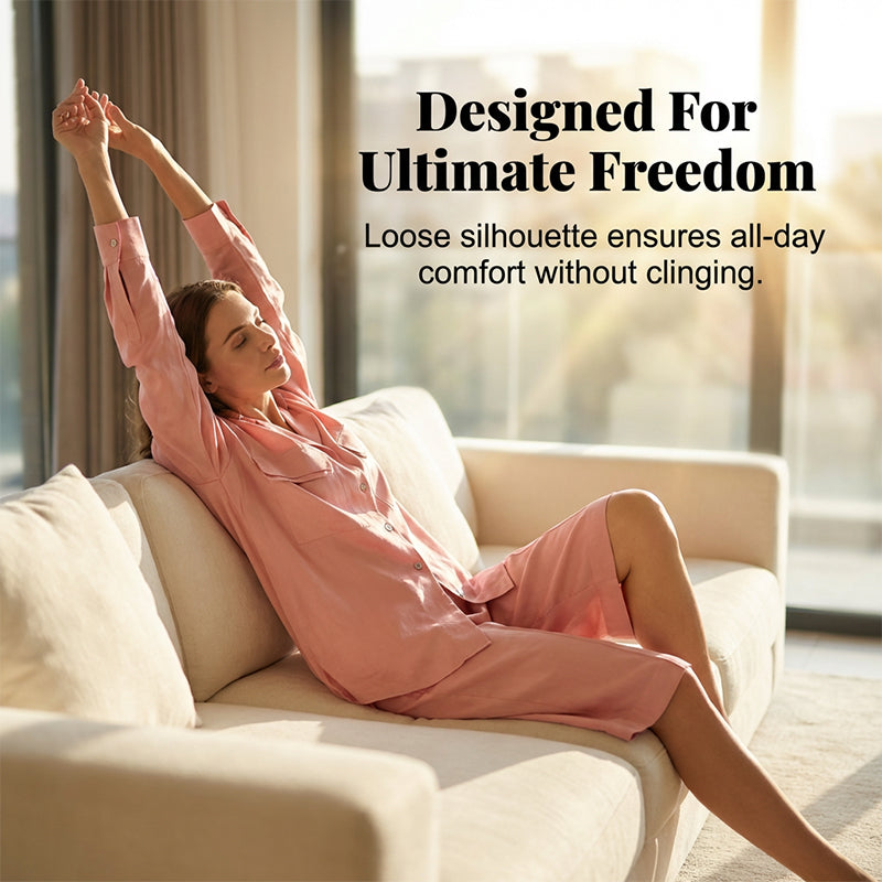 🌞Frühlingserwachen: 50% Rabatt!✨"Pyjama-Chic" Lounge-Set: Seidenweicher Zweiteiler mit Hemd & Bermuda-Shorts